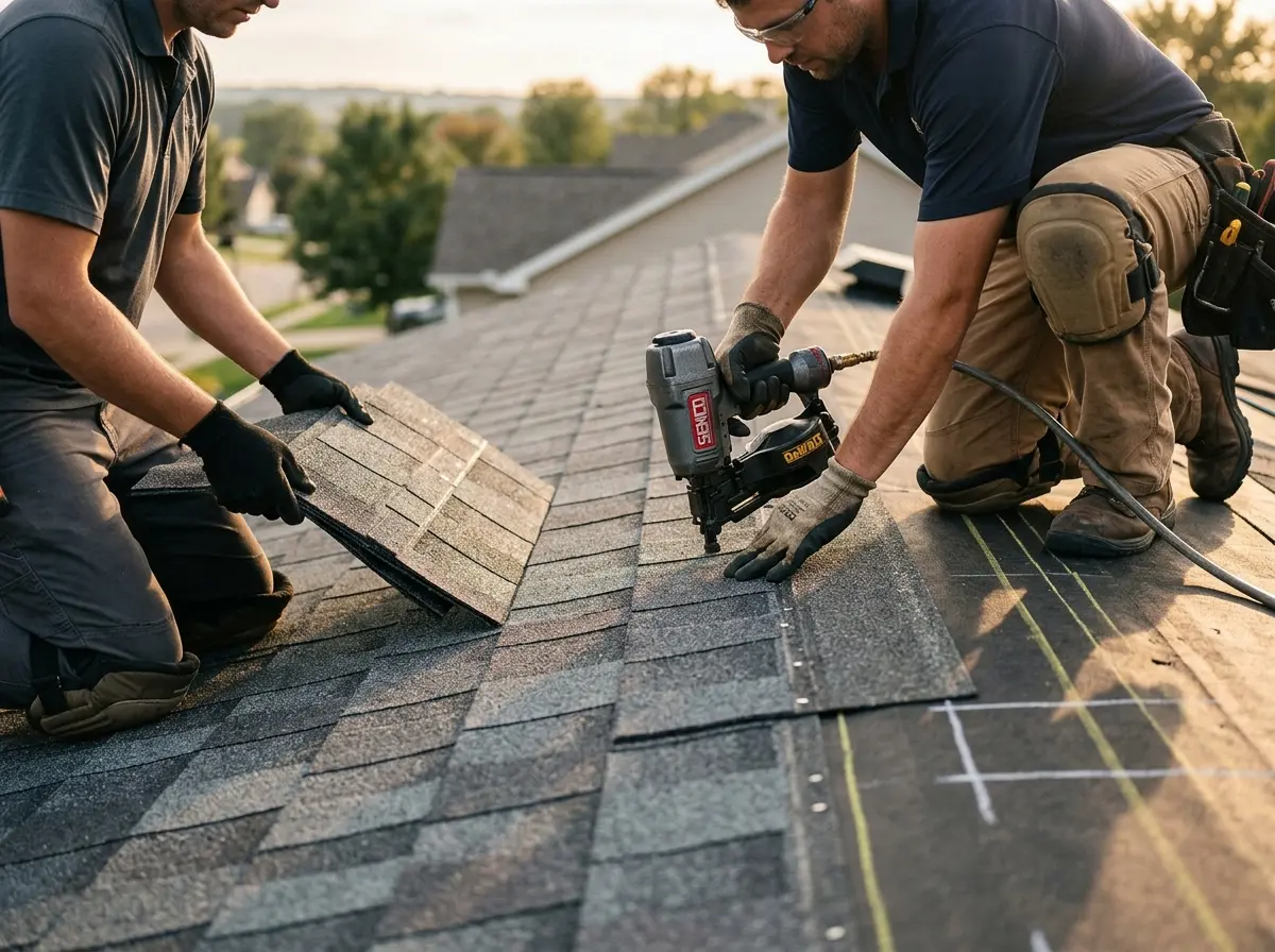 Professional roofer working on a residential roof in Cohasset